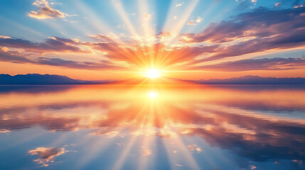 Fototapeta premium serene sunset over tranquil lake, with vibrant colors reflecting on water. sun rays create peaceful atmosphere, perfect for relaxation and contemplation
