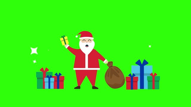 santa klos waving animated icon merry christmas santa gift green screen 4k looping