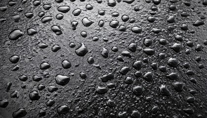 Close-up of Textured Black Asphalt Surface with Water Droplets and Reflections, Capturing Urban Rainfall Aesthetic, Suitable for Backgrounds, Environmental Concepts, or Industrial Design
