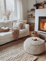 Fototapeta premium Cozy Living Room with White Sofa, Knitted Pouf, and Fireplace