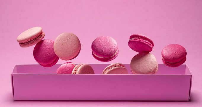 Colorful French macarons falling in the pink box on a pink background. Slow motion and animated video.