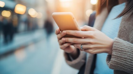 Woman holding smartphone, mobile technology, app usage, cell phone communication, social media connection, internet browsing on device