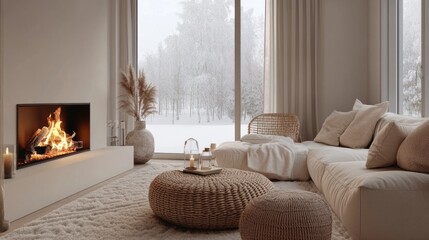 Cozy Living Room with Fireplace, Plush Sofa, and Snowy View