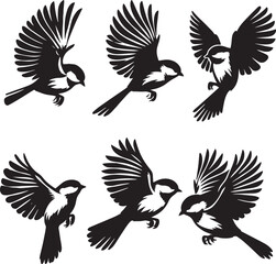 Black capped chickadee flying poses silhouette set black and white 