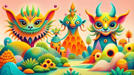 Obraz premium a world of surreal, abstract yet cheerful creatures, beautiful colorful and vibrant