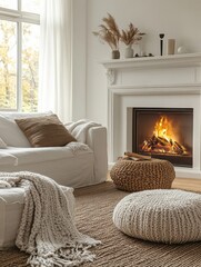 Fototapeta premium Cozy Living Room with Fireplace, White Sofa, and Knitted Pillows