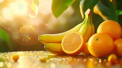Fresh Ripe Banana and Orange in Sunlit Garden, Natural Potassium Sources for Healthy Living