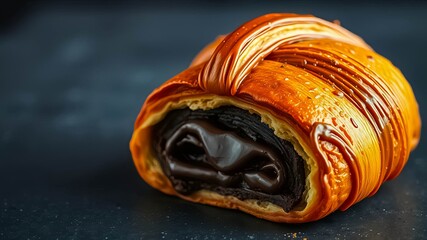 A close-up of a flaky pastry with a rich chocolate filling and drizzled with caramel sauce, set against a dark backdrop.