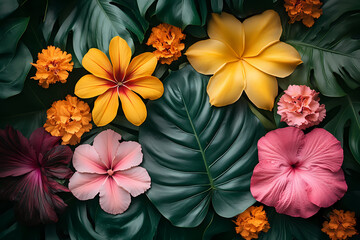 Obraz premium Top view of plants with different kinds of leaves and flowers