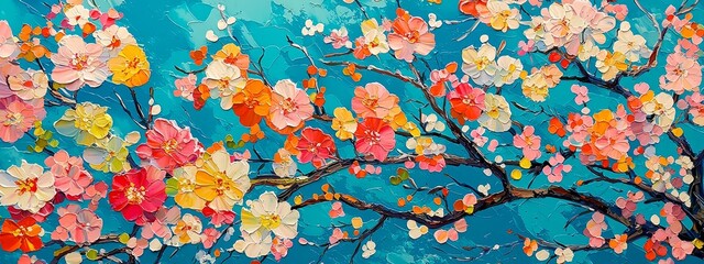 Vibrant blossom branches with colorful flowers against a blue background in a springtime setting