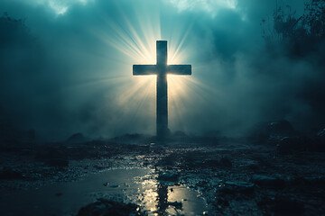 Fototapeta premium A glowing cross shining in the dark with rays of divine light spreading out, creating a powerful spiritual and inspirational scene against a dark background. 