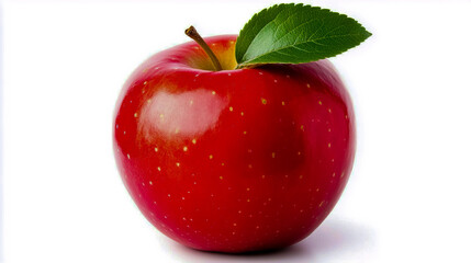 A shiny red apple with a green leaf on top