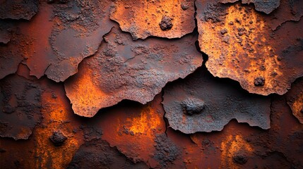 Macro shot of heavily rusted steel with pitting and deep grooves, warm red and brown tones, illuminated by diffused light, weathered industrial feel