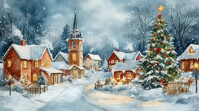 Charming watercolor painting of a winter village adorned with snow, featuring cozy houses, a decorated Christmas tree, and festive atmosphere. Vector Illustration Winter Village Scene in Watercolor.