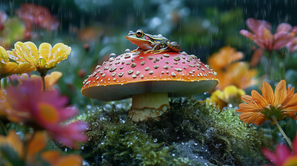 mushroom in the middle of an array of flowers and moss, covered with water droplets and dew, a frog sitting on top of it. 