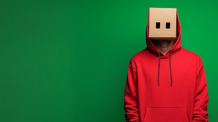 Man in a red hoodie is wearing a cardboard box on his head. The image has a playful and humorous mood, as the man's head is replaced by a box, which is an unconventional and unexpected sight