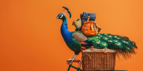 Fototapeta premium Miniature Bicycle with a Colorful Peacock in a Basket Surrounded by Vibrant Orange Background, Perfect for Whimsical and Artistic Illustrations