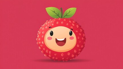 Obraz premium A cartoon lychee with a happy face and green leaves on a red background.