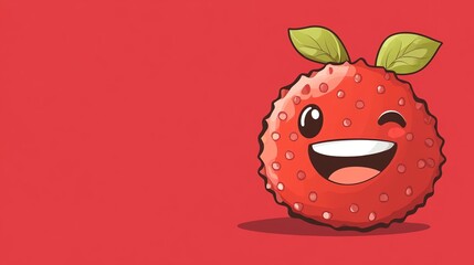 Fototapeta premium A cartoon rambutan with a smiling face on a red background.