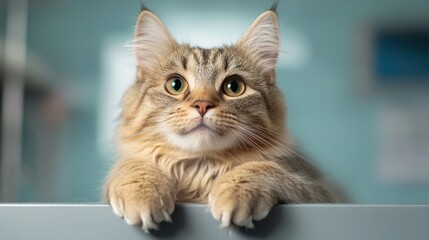 A lovely long-haired cat with large, expressive eyes gazes upwards, exuding curiosity and warmth, set against a soft, blurred background for a cozy feel.