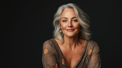 An elegant woman with beautifully styled gray hair poses confidently in a detailed brown dress against a dark background, exuding sophistication and grace.
