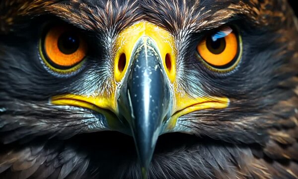 closeup eyes of eagle on dark background