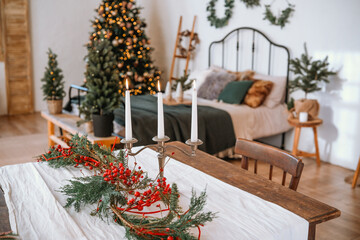 Cozy holiday space with a Christmas tree and festive decor