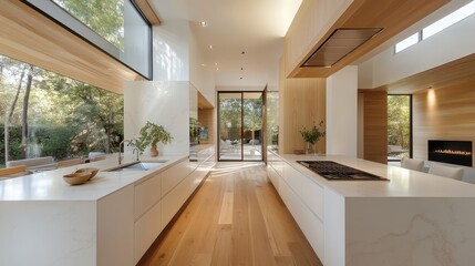 A spacious modern kitchen boasting sleek design and ample natural light. Floor-to-ceiling windows frame a lush view, enhancing the refreshing ambiance.