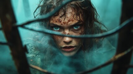 Portrait of a fierce and determined woman peering through an old barbed fence, expressing survival instincts and gritty resilience against misty atmospheric conditions.
