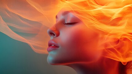 An artistic portrait showcasing a person with closed eyes, enveloped by a dynamic fiery overlay, symbolizing passion, dreams, and creative energy.