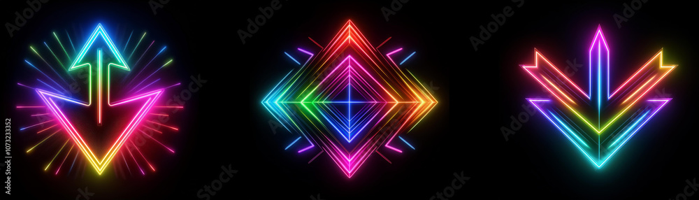 Poster three neon arrows on a black background. the left arrow points up and down, the middle is a diamond 