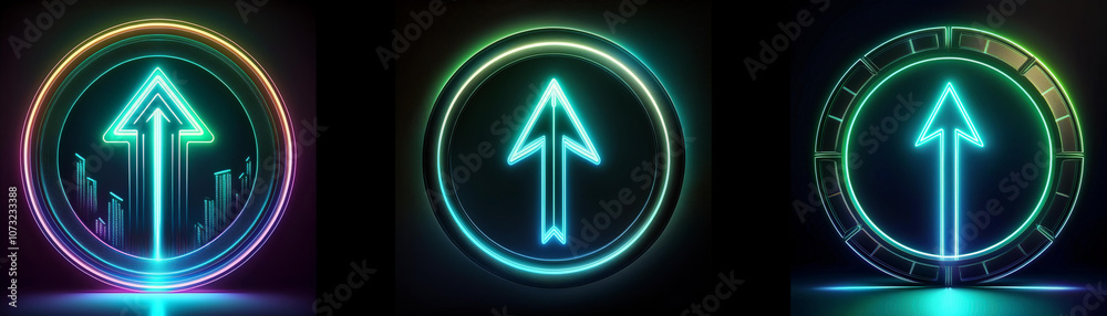 Poster Three circular glowing neon signs with arrows pointing upward, each with different color schemes and designs.