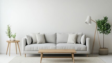 Naklejka premium Minimalist Living Room Interior with Grey Sofa, Wooden Coffee Table, and Plants