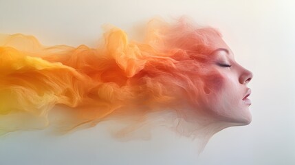 A surreal image of a woman's face in profile, with ethereal orange and yellow wisps flowing around, creating a dreamy, mystical aura on a neutral background.