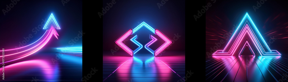 Poster three neon glowing geometric shapes with reflections on a dark background.
