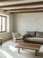 Minimalist Living Room with Wooden Beams, Sofa, and Chair