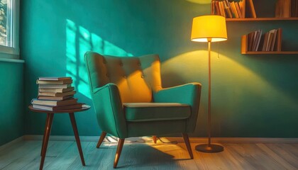 Fototapeta premium A Cozy Reading Corner with Natural Light Featuring a Stylish Mid-Century Chair, Stylish Lamp, and Well-Organized Bookshelves for Relaxing Moments