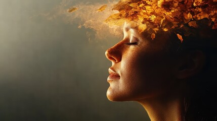 A contemplative side view of a woman with her hair seamlessly blending into a cascade of autumn leaves, conveying themes of growth and change.