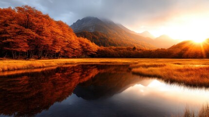Fototapeta premium A vibrant autumn forest bathed in sunlight, its colors reflecting vividly on the still lake below, creating a breathtaking and tranquil natural scene.