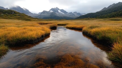An intimate view of a mountain stream weaving through a golden autumn meadow, surrounded by towering peaks and under a softly clouded sky.