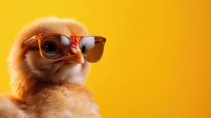 A fuzzy chick sports stylish sunglasses on a bright yellow backdrop, adding a playful and humorous touch while exuding a sense of coolness and confidence.