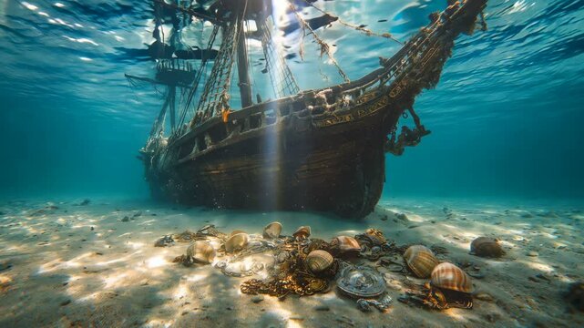 An intriguing and mysterious underwater shipwreck that is beautifully surrounded by diverse sea life