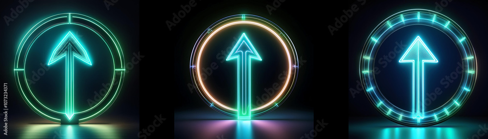 Aufkleber three glowing neon arrows pointing upwards, each surrounded by a unique circle.