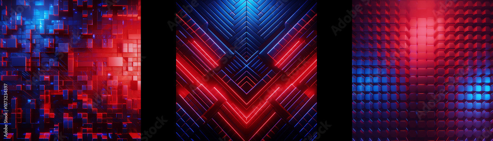 Poster Abstract digital art with a dark background and glowing neon lines in red and blue.