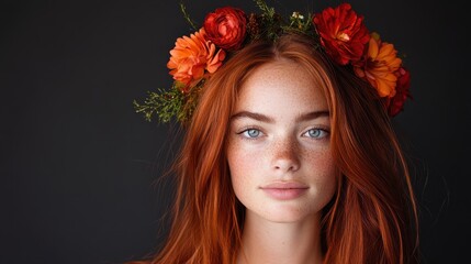 Naklejka premium A young woman with a crown of vibrant flowers in her flowing red hair gazes serenely forward, embodying natural beauty and a sense of calm and poise.