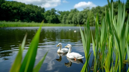Obraz premium Two baby ducks are swimming in a pond with tall green grass. The water is calm and the sun is shining, creating a tranquil atmosphere. The ducks seem to be enjoying their time in the water