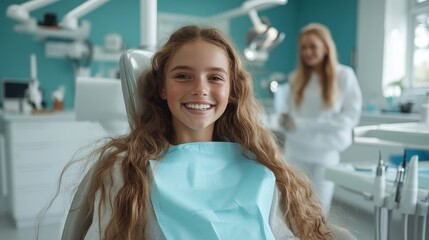 Obraz premium A young girl with long, wavy hair smiles joyfully in a dental office setting, wearing a blue bib, with a dentist in the background and dental tools nearby.