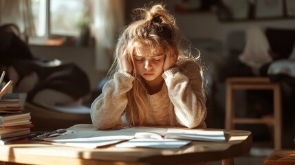 A young girl deeply focused on studying at a wooden table, her hands supporting her head, books are scattered, indicating the intensity of her learning process.