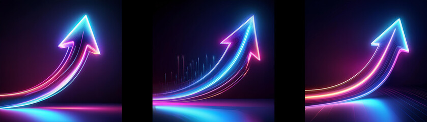 Three neon arrows pointing upwards, each with a double line, with a blue and pink glow, on a dark background.