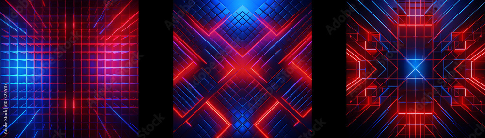Poster Abstract digital artwork with red and blue neon lines forming geometric patterns.